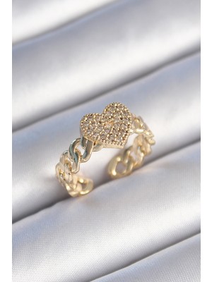FRY Pirinç Gold Renk Zincir Kordon Zirkon Taşlı Kalp Model Kadın Yüzük