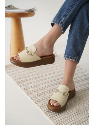 Alfaze Bej Hakiki Deri Ortopedik Taban Terlik