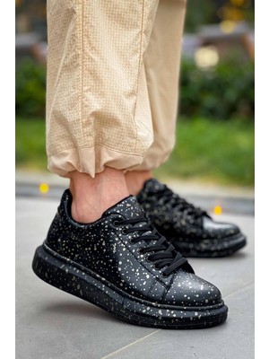 Zapatos KB-X500 Erkek Günlük Bağcıklı Gold Baskılı Cilt Spor Sneaker Ayakkabı Cst - Siyah