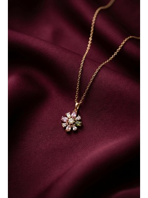 Stainless Steel Minimal Renkli Çiçek Figürlü Kadın Gold Çelik Kolye