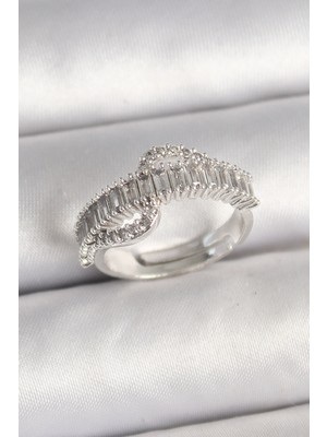 Skygo Pirinç Gümüş Renk Su Yolu Zirkon Taşlı Ayarlanabilir Model Kadın Yüzük - TJ-BYK3690