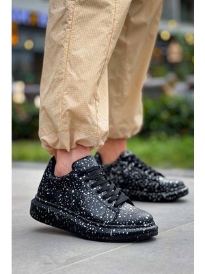 Zapatos KB-X500 Erkek Günlük Bağcıklı Silver Baskılı Cilt Spor Sneaker Ayakkabı Cst - Siyah