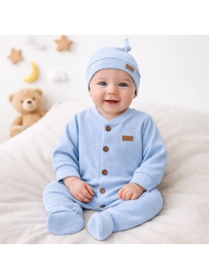 Leylek Yenidoğan Bebek Tulum+Şapka Takım %100 Pamuk,waffle Kumaş