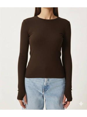 Betnur Kadın Modal Kumaş Bisiklet Yaka Parmak Geçirmeli Bady Bluz