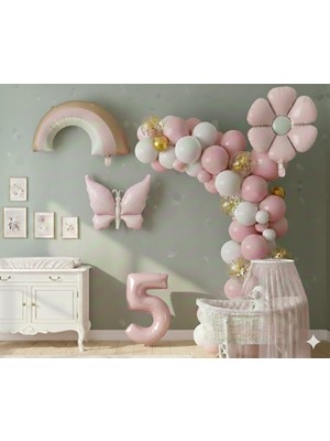 Pembe Kelebek Papatya Gökkuşağı Rakam Golyo Balonlu Doğum Günü Parti Balon Set