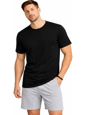 Justas Erkek Compack Penye Bisiklet Yaka Avrupa Kalıp Kısa Kol T-Shirt Siyah