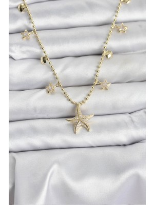 FRY Pirinç Gold Renk Zirkon Taşlı Deniz Yıldızı Model Kadın Kolye