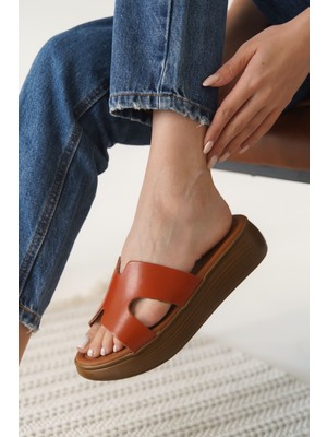 Alfaze Kiremit Hakiki Deri Terlik