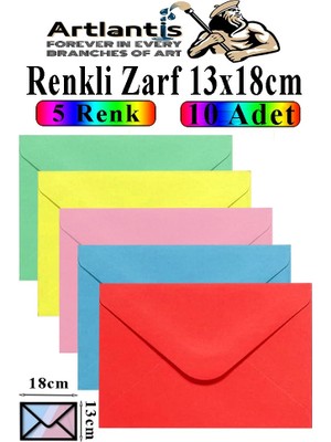 Artlantis Renkli Zarf 13X18 cm 10 Adet 5 Renk Mektup Zarfı Davetiye Zarfı Kartpostal Çekiliş Hediye Zarfı