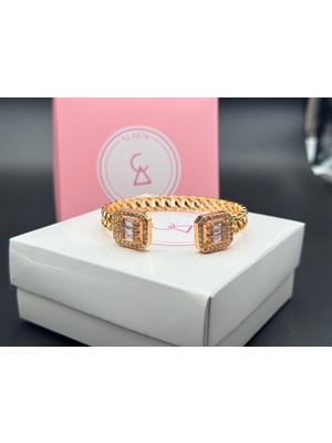 Alsem 14 Ayar Gold Kaplama Baget Taşlı Gold Zincir Kelepçe , Premium Hediye