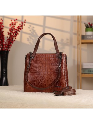 Aksesuarlia Taba Renk Timsah Desen Hakiki Deri Çanta - Omuz Askılı ve El Çantası - Çok Bölmeli