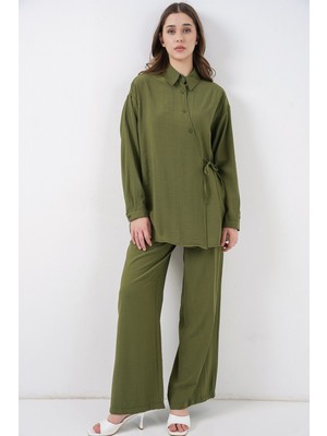 Hiccup Kadın Bdart Bağlama Detaylı Gömlek Yakalı Tunik-Pantolon Takım Haki Yeşil
