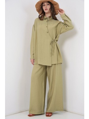 Hiccup Kadın Bdart Bağlama Detaylı Gömlek Yakalı Tunik-Pantolon Takım Zeytin Yeşili