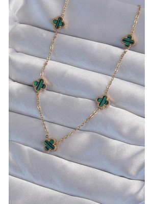 FRY 316L Çelik Gold Renk Minimal Yeşil Mineli Yonca Kolye