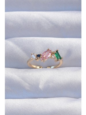 FRY Pirinç Gold Renk Renkli Zirkon Taşlı Ayarlanabilir Yüzük