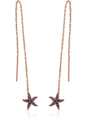 Bazarhane Gümüş Siyah Taşlı Deniz Yıldızı Zincirli Küpe