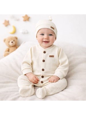 Leylek Yenidoğan Bebek Tulum+Şapka Takım %100 Pamuk,waffle Kumaş