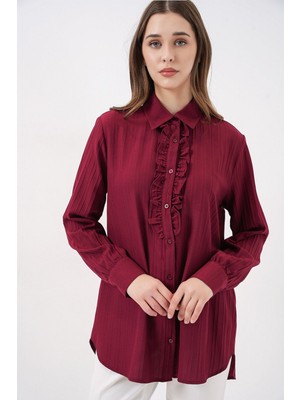 Hiccup Kadın Bdart Fırfır Detaylı Dokulu Gömlek Bordo Kırmızı
