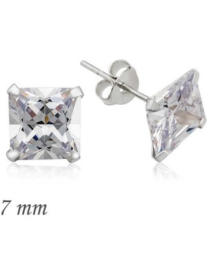 Bazarhane Gümüş Kare Tek Taş Zirkon Küpe - 7 mm