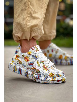 Zapatos KB-X500 Erkek Günlük Bağcıklı Boom Baskılı Cilt Spor Sneaker Ayakkabı Cbt - Beyaz