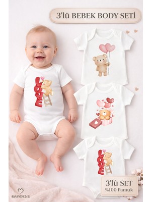Babyden's 3’lü Bebek Body Seti %100 Pamuk Sevimli Ayıcık Baskılı Kısa Kollu Çıtçıtlı Zıbın Yenidoğan Body