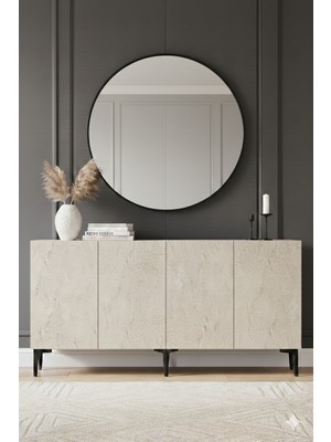 Yumedi Design KA1599BT - Didema Konsol, Tv Sehpası, Çok Amaçlı Dolap ve Kahve Köşesi 150CM Beyaz-Traverten