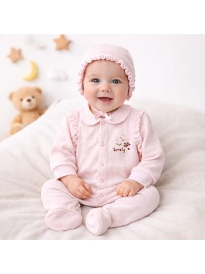 Leylek Yenidoğan Bebek Tulum+Şapka Takımı %100 Pamuk,waffle Kumaş