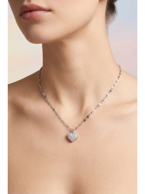 Stainless Steel Çift Taraflı Kalp Detaylı Gümüş Kadın Çelik Kolye