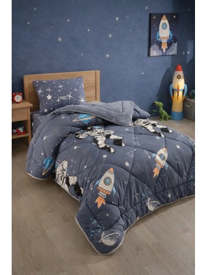 Lila Moon Astronot Desenli Tek Kişilik Çift Taraflı Welsoft Uyku Seti (Yorgan+ Çarşaf+ Yastık Kılıfı)