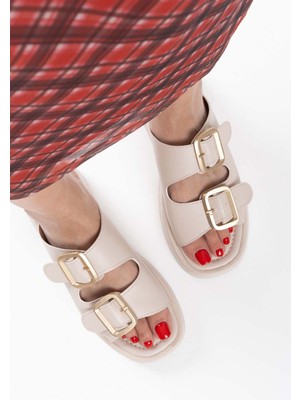 Alfaze Bej Cilt Tokalı Kemerli Terlik