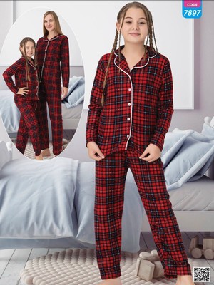 Angel Valeska Ekose Desenli Düğmeli Uzun Kollu Anne Kız Pijama Takımı