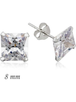 Bazarhane Gümüş Kare Tek Taş Zirkon Küpe - 8 mm