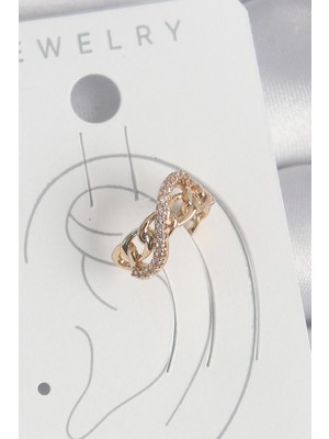 FRY Pirinç Gold Renk Zirkon Taşlı Sonsuzluk Zincir Model Kadın Kıkırdak Küpe