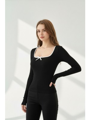 Libas Verda Kare Yaka Kurdele Detay Kaşkorse Bluz - Siyah
