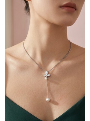 Stainless Steel Zarif Sallantılı Kelebek ve Inci Detay Çelik Kolye