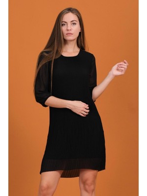 Zy Plus Siyah Truvakar Kollu Piliseli Şifon Elbise