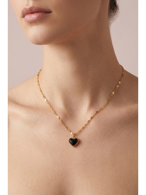 Stainless Steel Çift Taraflı Kalp Detaylı Gold Kadın Çelik Kolye