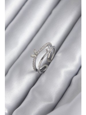 FRY Pirinç Gümüş Renk Zirkon Taşlı Kelebek Model Kadın Yüzük
