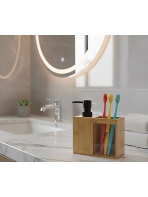 Barotti Bambu Banyo Seti | Sıvı Sabunluk ve Diş Fırçalık Seti | Mat Siyah Detaylı