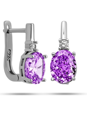 Bazarhane Gümüş Ice Cut Oval Mor Zirkon Taşlı Kadın Küpe