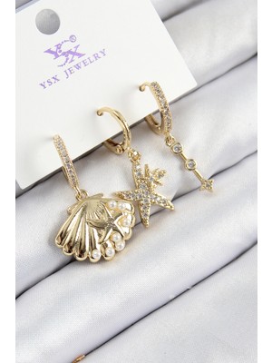 FRY Pirinç Zirkon Taşlı 3'lü Istiridye ve Yıldız Model Gold Renk Kadın Küpe