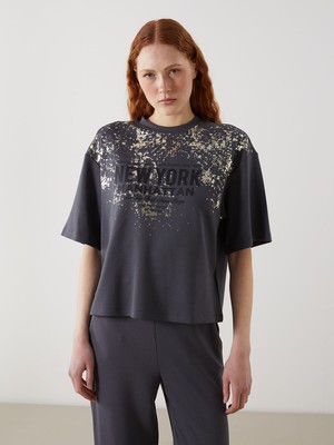 Lc Waikiki Yeni Sezon Bisiklet Yaka Manhattan Baskılı Kadın Tişört