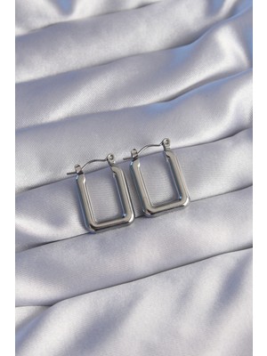 FRY 316L Çelik Gümüş Renk Dikdörtgen Model Küpe