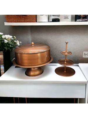 Özbience Şık Ayaklı Bakır Kek Tabağı ve Çerezlik Seti, 3 Katlı Tasarım