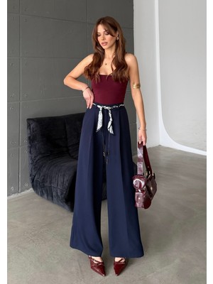 Bejna Kadın Fular Detaylı Wide Leg/geniş Paça Yüksek Bel Dokuma Pantolon