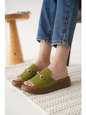 Alfaze Haki Yeşili Hakiki Deri Ortopedik Taban Terlik