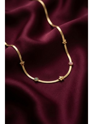 Stainless Steel Zarif Opal Taşlı Yıldız Detay  Gold Kadın Çelik Kolye