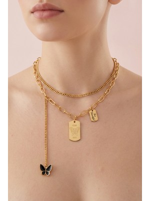 Stainless Steel Çoklu Kelebek Detaylı Kadın Künye Zincir Kolye