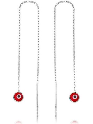 Bazarhane Gümüş Zincirli Kırmızı Nazar Küpe