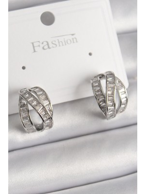 FRY Pirinç Gümüş Renk Zirkon Taşlı Düğüm Halka Model Kadın Küpe